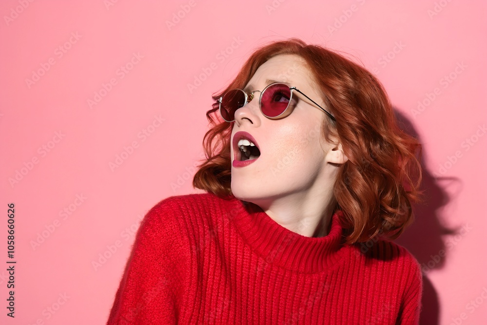Woman with red hair and red hair is wearing a red sweater and has her mouth open. The image has a pink background and the woman's face is the main focus. surprised woman, pink background, cool, trendy Woman with red hair and red hair is wearing a red sweater and has her mouth open. The image has a pink background and the woman's face is the main focus. surprised woman, pink background, cool, trendy