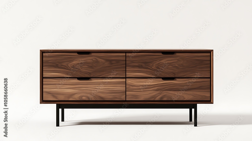 A wooden chest of drawers with four drawers and black metal legs against a white backdrop. A wooden chest of drawers with four drawers and black metal legs against a white backdrop.