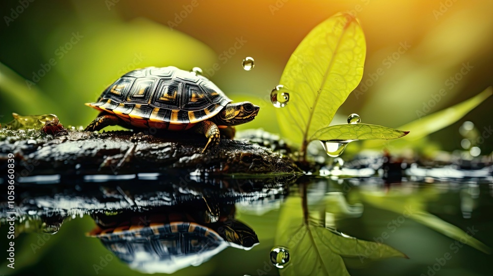 Obraz premium Turtle on log, leaf in water, water droplets.