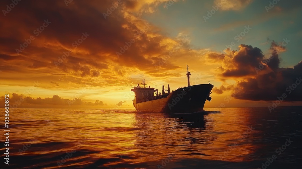 A cargo ship sails across the ocean at sunset, with dramatic clouds reflecting in the water. A cargo ship sails across the ocean at sunset, with dramatic clouds reflecting in the water.