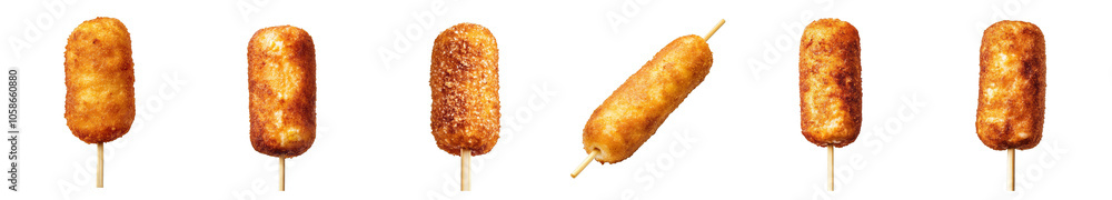 A collection of crispy corn dogs on sticks isolated on a transparent background, perfect for fast food concepts or summer fairs A collection of crispy corn dogs on sticks isolated on a transparent background, perfect for fast food concepts or summer fairs