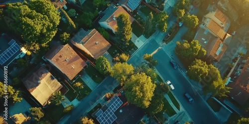 Aerial shot of solar-powered residential area, emphasizing sustainability and renewable energy. photo