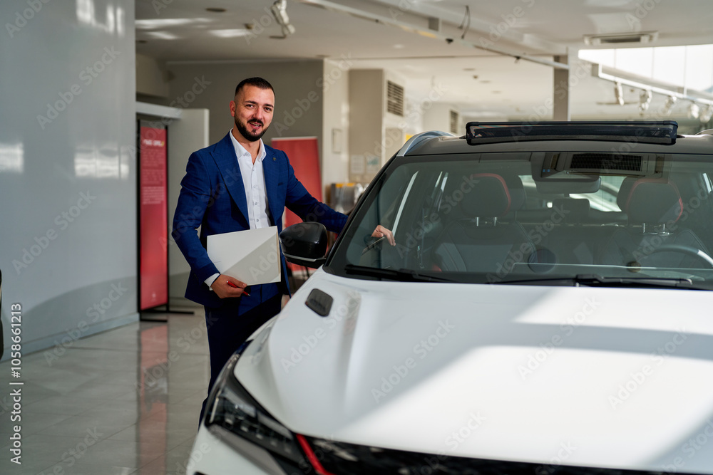 A close-up of a car salesman in a blue suit, standing next to a car. He touches the vehicle with his left hand while holding papers in his right hand, appearing cheerful and professional. A close-up of a car salesman in a blue suit, standing next to a car. He touches the vehicle with his left hand while holding papers in his right hand, appearing cheerful and professional.