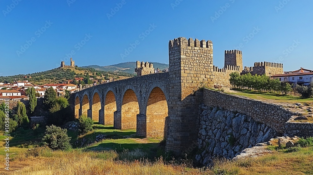 Fototapeta premium Ancient stone bridge and fortified city walls with a tower in the background on a sunny day.