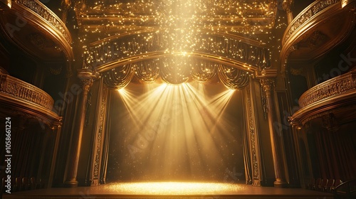 Classic golden theater stage, spotlight highlighting the center, glitter sparkling in the air 