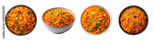 A collection of bowls filled with vibrant Jollof rice, representing African cuisine, isolated on a transparent background