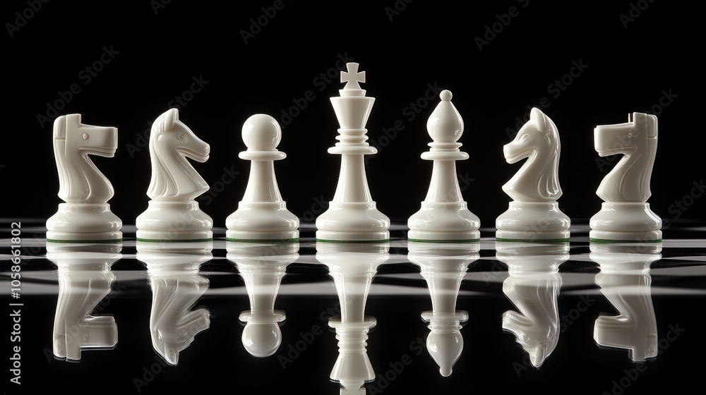 White chess pieces arranged in a line on a reflective surface against a black background. White chess pieces arranged in a line on a reflective surface against a black background.