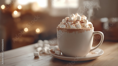 Hot Chocolate With Whipped Cream and Marshmallows, Captured in a Cozy Setting With the Steam Rising