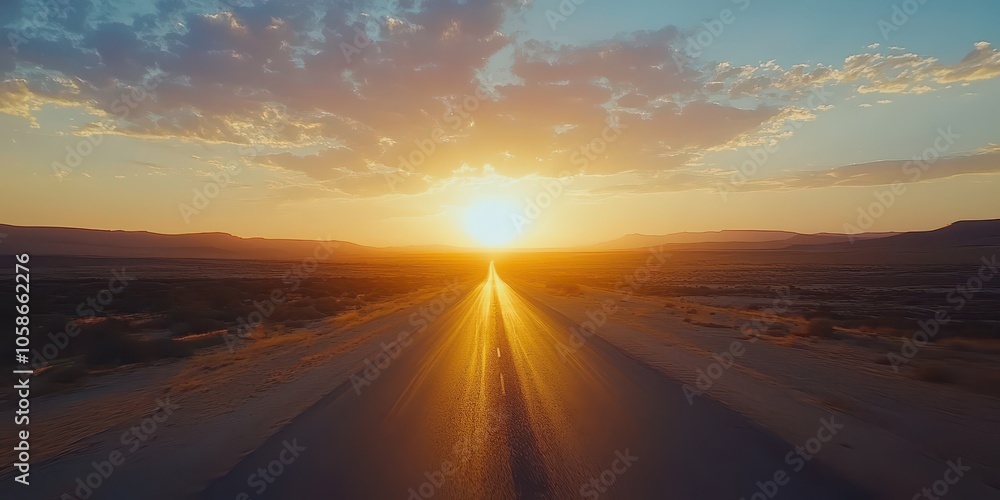 Sunset view on an open road, warm colors illuminating the pathway. Sunset view on an open road, warm colors illuminating the pathway.