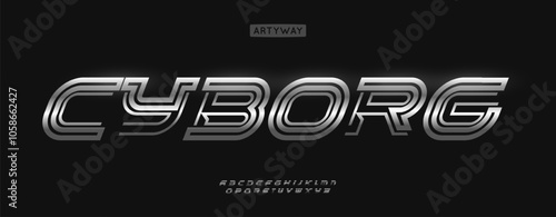Techno futuristic font, bold italic chrome metallic letter, armored metal alphabet for gaming title, industrial tech logo, speed racing headline. Dynamic cyberpunk typographic design. Vector typeset