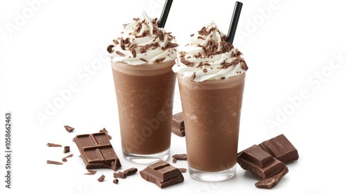 Two tall glasses of chocolate milkshake with whipped cream and chocolate shavings, and chocolate bars on a white background.