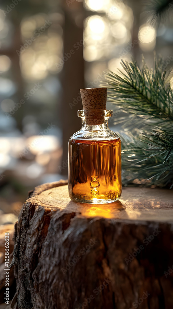 Golden Pine Essential Oil Bottle Photo, Forest Sunset Golden Pine Essential Oil Bottle Photo, Forest Sunset