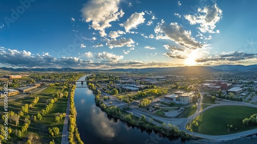 Aerial panorama of Missoula, Montana, above Beartracks Bridge. Missoula is a city in and the county seat of Missoula County, Montana. It is located along the Clark Fork