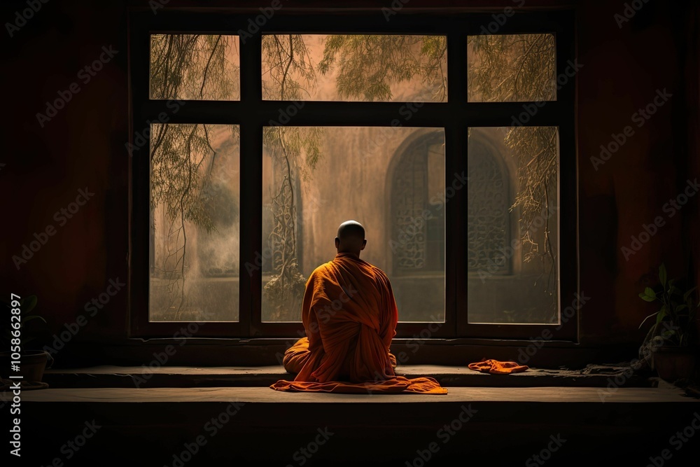 Monk meditating near window with view of trees. Monk meditating near window with view of trees.