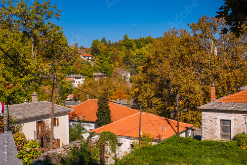 Kissos village at Pelion, Magnisia, Greece. A traditional mountainous village with dense flora. Autumn landscape.  photo