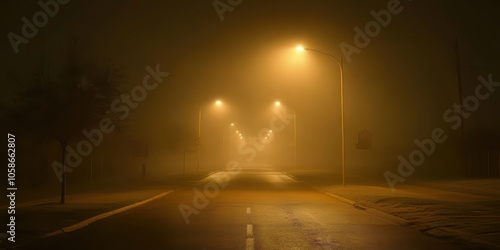 Fog-covered road at night, creating a mysterious and atmospheric scene.