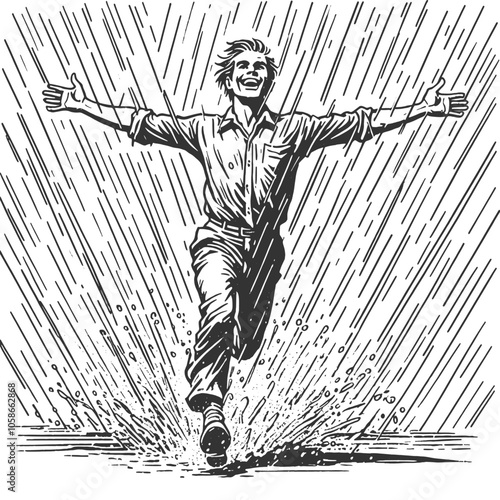 man in suit running joyfully through the rain, expressing freedom and happiness in an engraved style sketch engraving generative ai vector illustration. Scratch board imitation. Black and white image