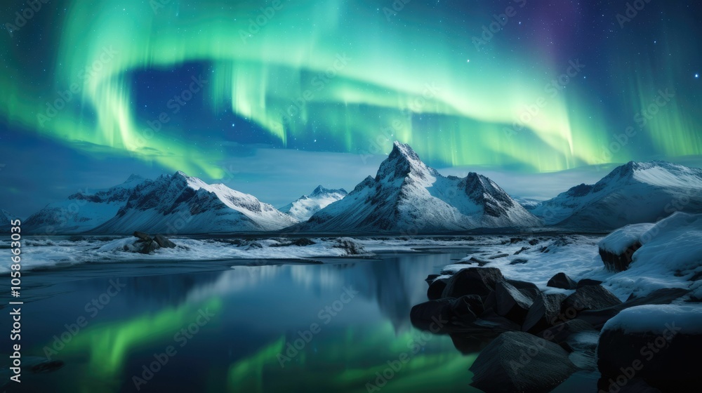 Green aurora borealis over snowy mountains and a lake. Green aurora borealis over snowy mountains and a lake.