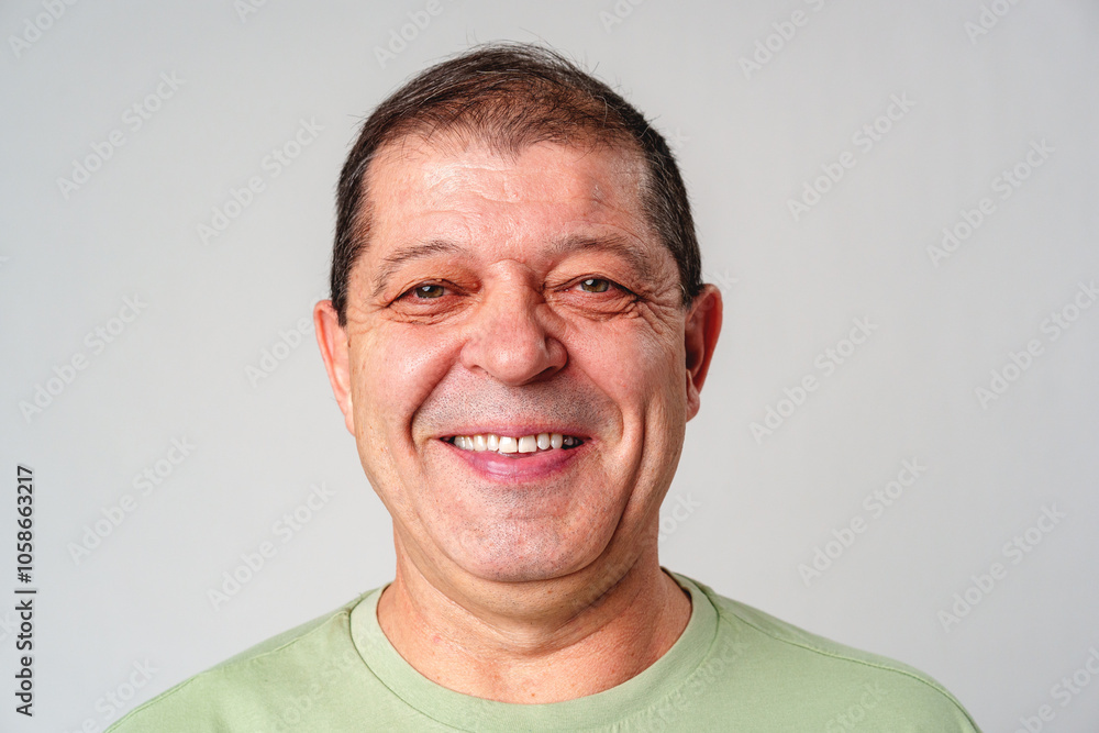 Smiling middle-aged man with short hair in a light green shirt against a simple backdrop Smiling middle-aged man with short hair in a light green shirt against a simple backdrop