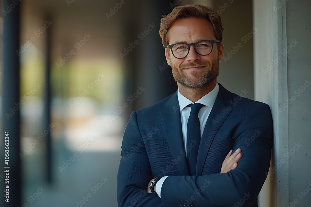 Confident Businessman Leaning on Wall, Looking at Camera Confident Businessman Leaning on Wall, Looking at Camera
