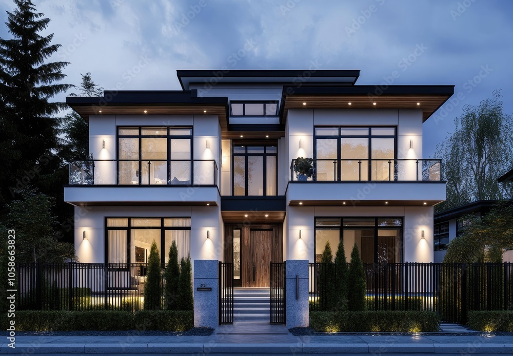 A contemporary two-story luxury home with white walls, wooden accents, and glass windows, set against the backdrop of an urban street A contemporary two-story luxury home with white walls, wooden accents, and glass windows, set against the backdrop of an urban street