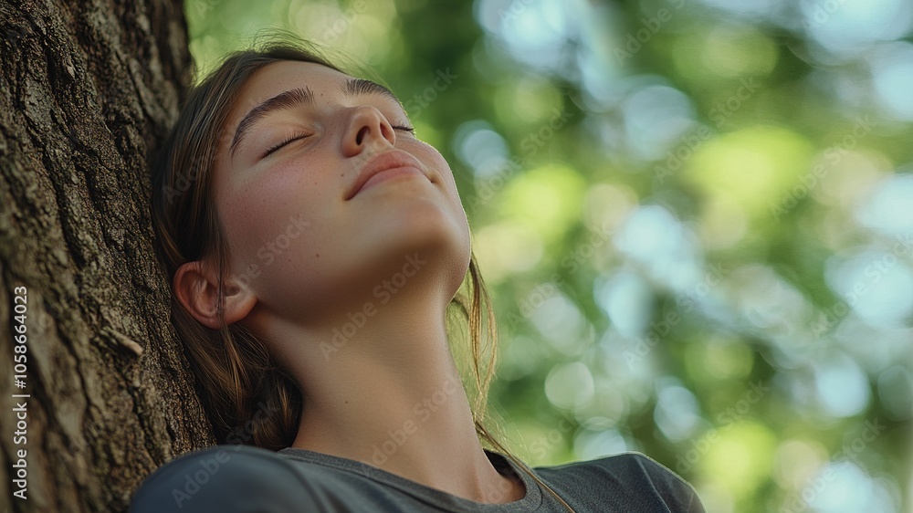 woman Leaning Against a Large Tree with Eyes Closed, Serene Face and Contented Smile, Soft Natural Light Filtering Through the Blurred Forest woman Leaning Against a Large Tree with Eyes Closed, Serene Face and Contented Smile, Soft Natural Light Filtering Through the Blurred Forest