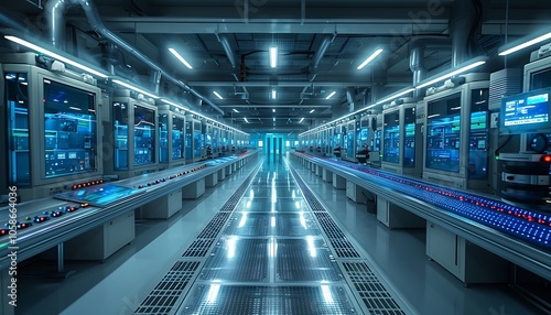 A futuristic industrial interior featuring illuminated conveyor belts, conveying high-tech products in a sleek, modern setting.