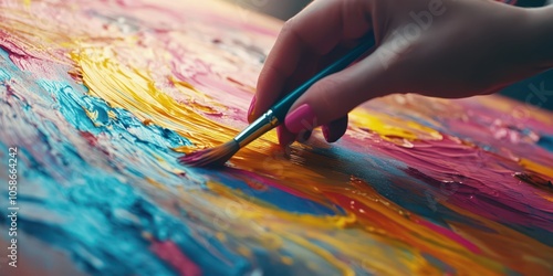 Close-up of hands painting with vivid colors in an art therapy session, focusing on creativity and healing. photo