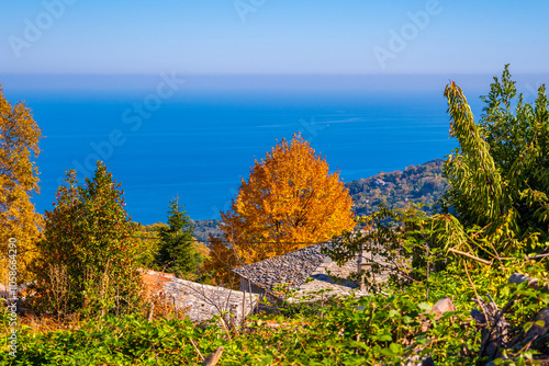 Sea view from the traditional greek village Tsagarada in Pelion, Greece. Autumn landscape photo