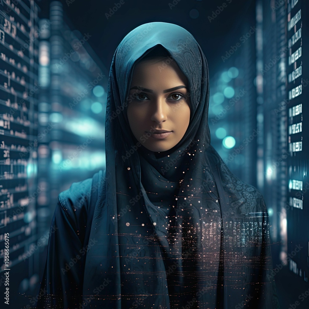 Woman in hijab stares intently at a screen. Woman in hijab stares intently at a screen.