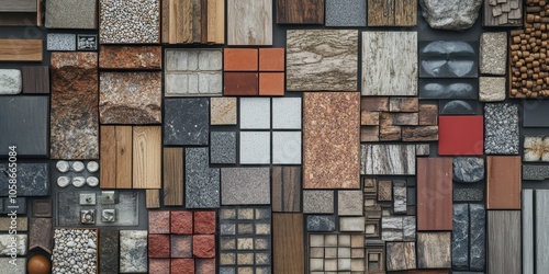 Assorted building material samples, including wood, stone, and tiles, viewed from above. photo