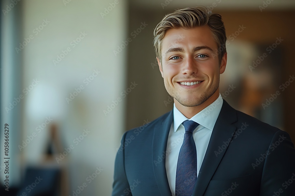 Confident Businessman Portrait - White Shirt, Blue Suit, Office Background Confident Businessman Portrait - White Shirt, Blue Suit, Office Background