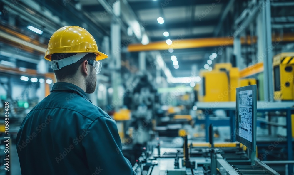Factory worker in safety gear observing a machine. Factory worker in safety gear observing a machine.