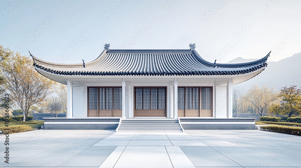 Traditional Chinese Anhui Hui-style Architecture with White Background, Platform, Roads, Parking Lots, and Brick Pavements for Car Advertisement Background Traditional Chinese Anhui Hui-style Architecture with White Background, Platform, Roads, Parking Lots, and Brick Pavements for Car Advertisement Background