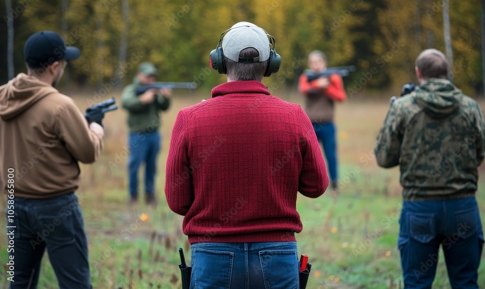 Men shooting at a range in the woods. Men shooting at a range in the woods.