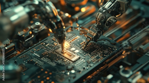 Two robotic arms are assembling a microprocessor on a circuit board.