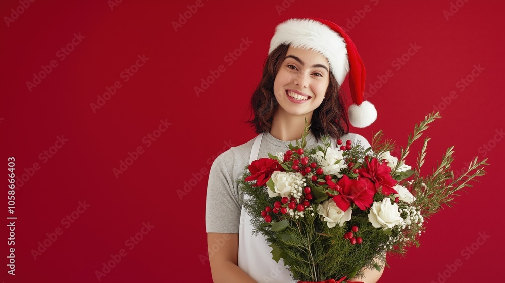 A cheerful florist in a white apron and Santa hat presents a festive flower bouquet against a vibrant red background A cheerful florist in a white apron and Santa hat presents a festive flower bouquet against a vibrant red background