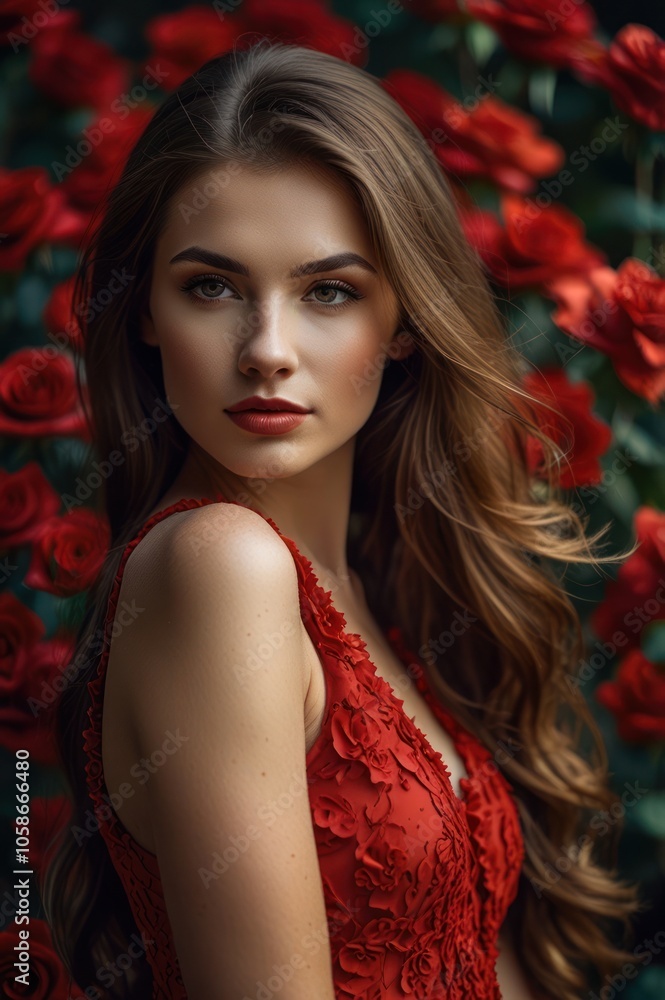 portrait of a beautiful woman, with long brown hair, wearing a red dress with red rose accessories portrait of a beautiful woman, with long brown hair, wearing a red dress with red rose accessories