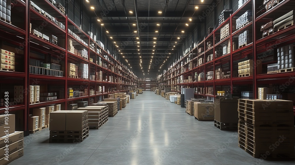 Warehouse Interior with Rows of Shelves and Products Technology Virtual Warehouse Interior with Rows of Shelves and Products Technology Virtual
