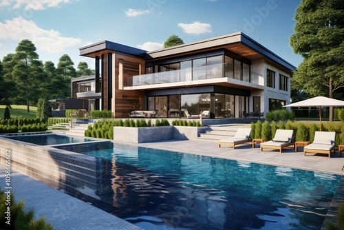 Wallpaper Mural Modern house with pool and lounge chairs. Torontodigital.ca