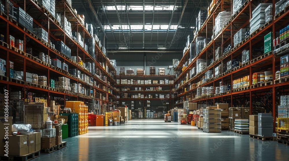Warehouse Interior with Rows of Shelves and Products Technology Virtual Warehouse Interior with Rows of Shelves and Products Technology Virtual