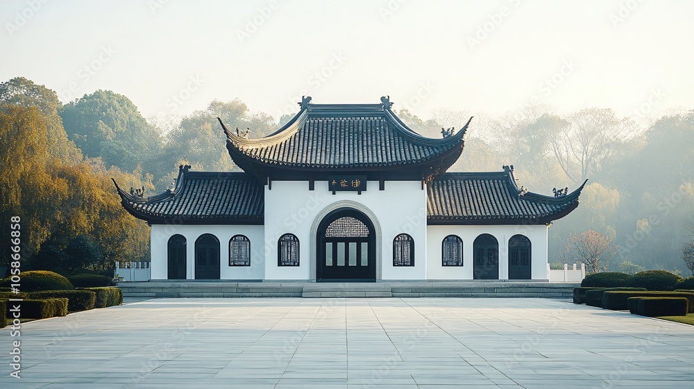Traditional Chinese Anhui Hui-style Architecture with White Background, Platform, Roads, Parking Lots, and Brick Pavements for Car Advertisement Background Traditional Chinese Anhui Hui-style Architecture with White Background, Platform, Roads, Parking Lots, and Brick Pavements for Car Advertisement Background