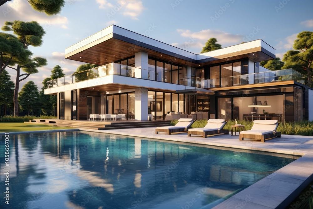 Fototapeta premium Modern house with pool and lounge chairs.
