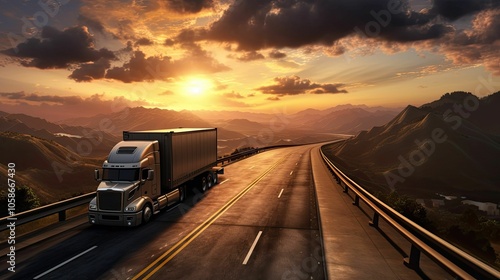 Semi-truck drives on a winding mountain road.