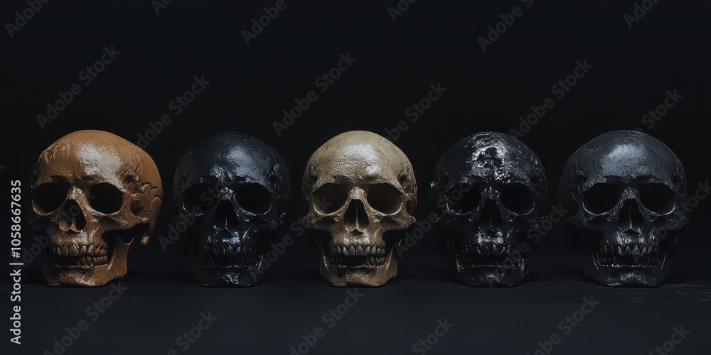 Composition of six different skulls on dark background, showcasing texture and detail variations. Composition of six different skulls on dark background, showcasing texture and detail variations.