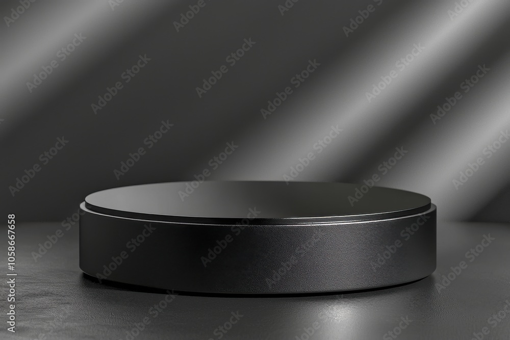 A sleek, round black display stand set against a dark background, designed for showcasing products or objects elegantly. A sleek, round black display stand set against a dark background, designed for showcasing products or objects elegantly.