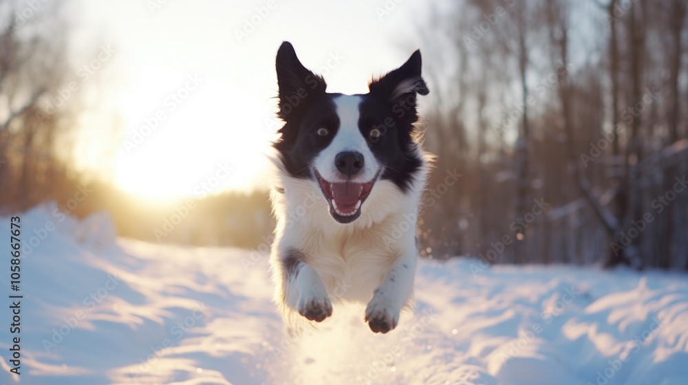 A joyful dog playing in the snow, running and leaping with excitement. A joyful dog playing in the snow, running and leaping with excitement.