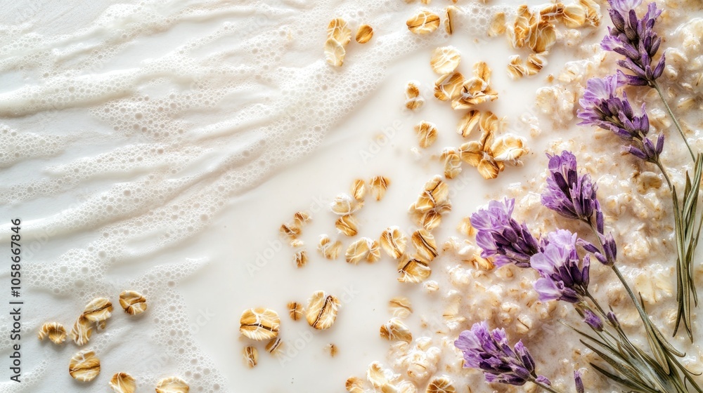 A close-up shot of oat milk with lavender flowers and oat flakes on a white background. A close-up shot of oat milk with lavender flowers and oat flakes on a white background.