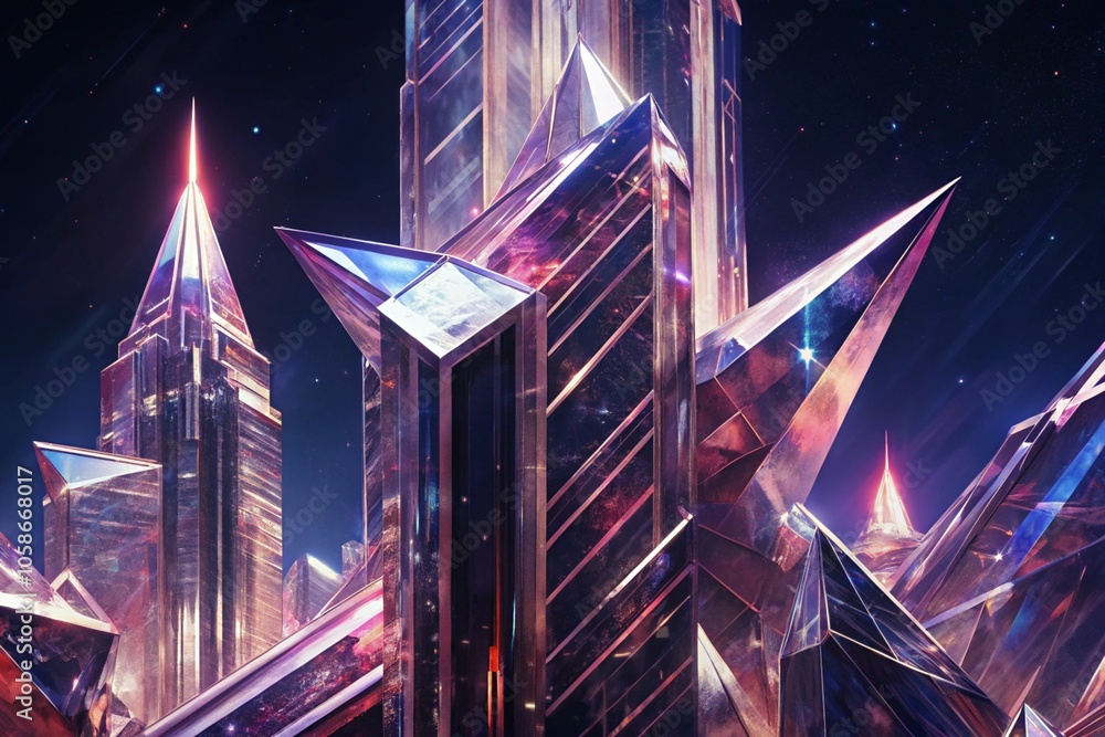 Skyscrapers with sharp, crystalline structures, reflecting fragmented light like prisms.
Skyscrapers with sharp, crystalline structures, reflecting fragmented light like prisms.