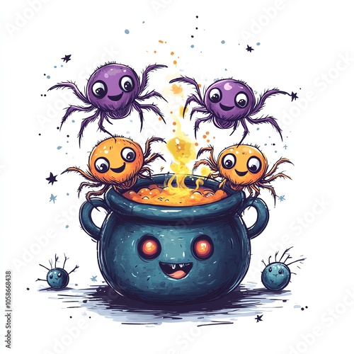 cute spiders climbing around a bubbling cauldron, smiling and playful, cartoonish style, simple lines, pastel tones, fun and magical Halloween setting
